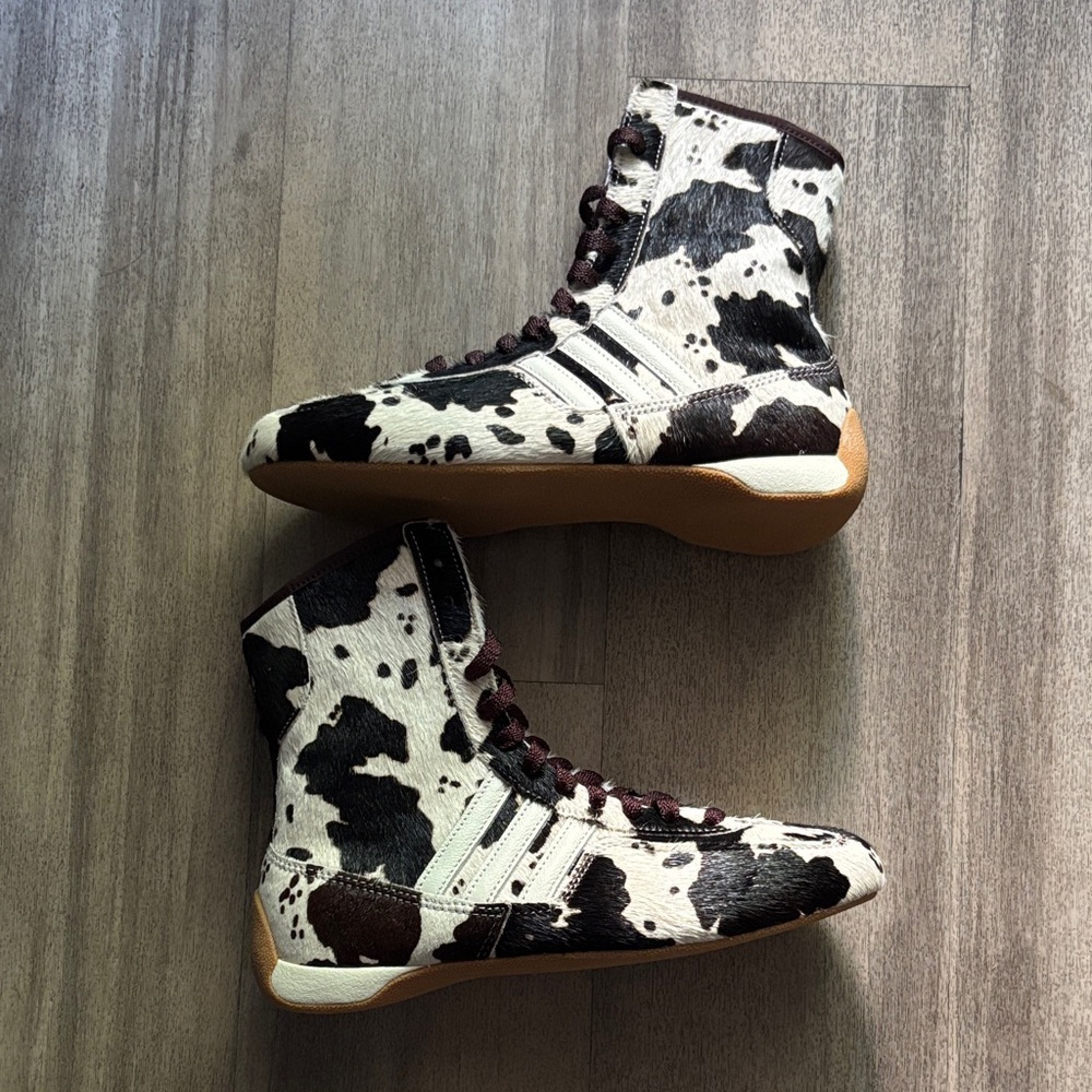adidas Women's High-Top Sneakers in Black, White & Brown cow print
